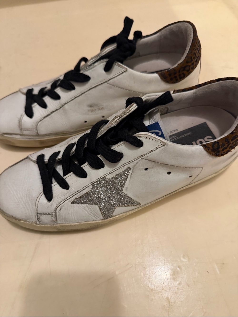 Golden Goose White Sneakers with Silver Glitter Star and Leopard Heel